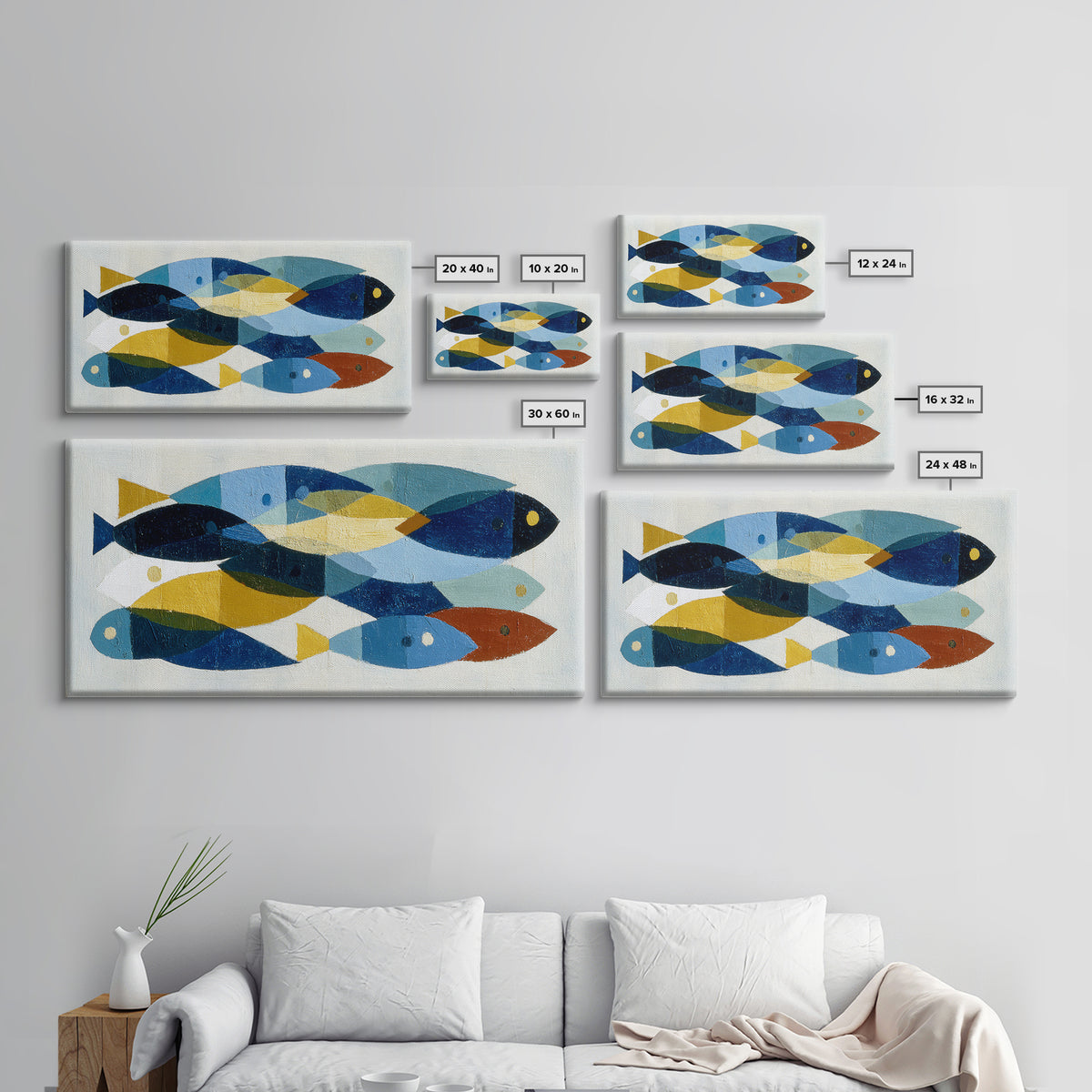 Abstract Fish Shapes Framed Canvas Print, Midcentury Modern Art, Luxury Decor, Living Room Decor, Abstract Art, Retro, MMA-2x1-38