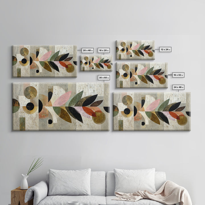 Bird Motif with Playful Geometric Feathers Framed Canvas Print, Midcentury Modern Art, Digital Print, Living Room Decor, Retro, MMA-2x1-80