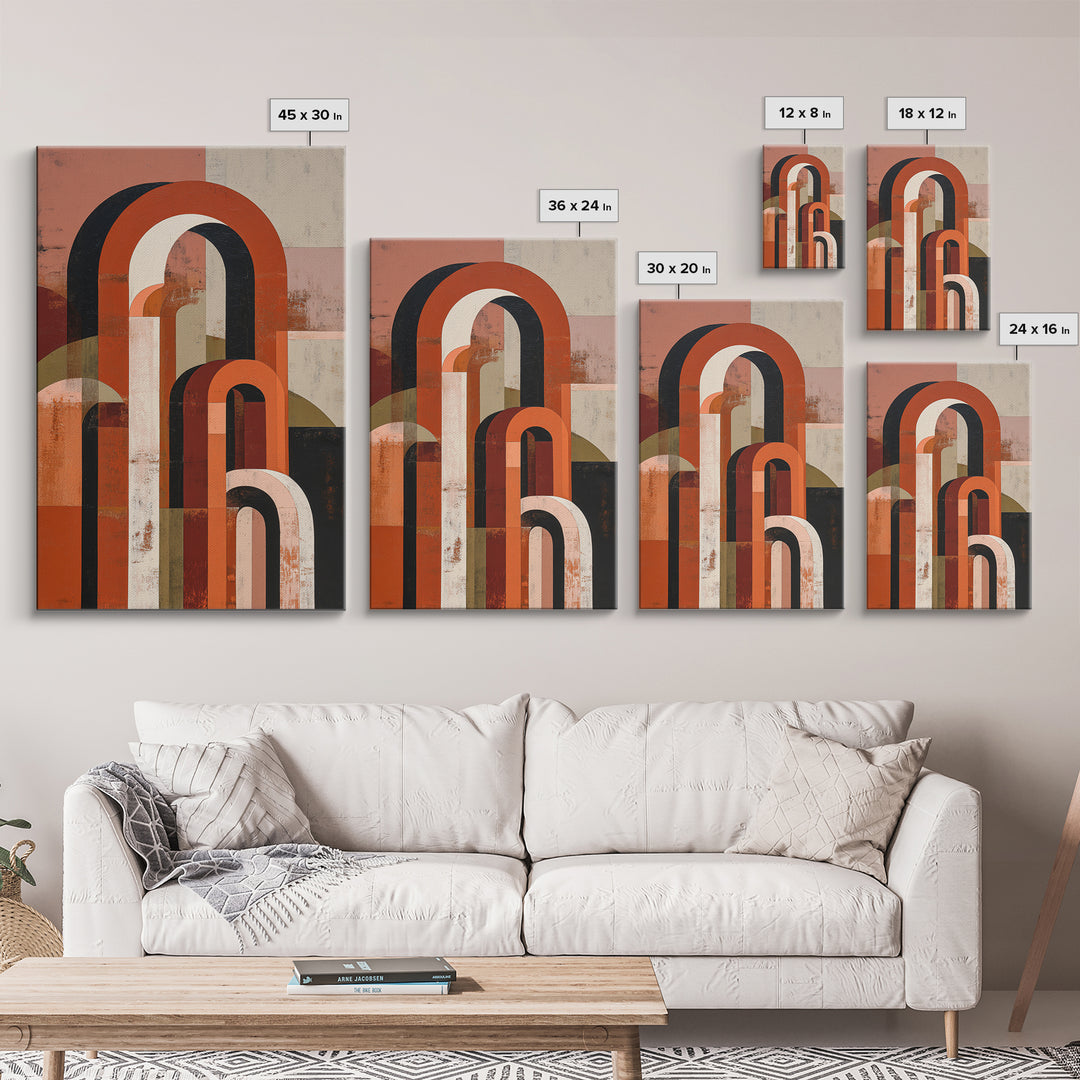 Stacked Arches in Burnt Orange and Cream Framed Canvas Print, Midcentury Modern Art, Prints, Living Room Decor, Oil Painting, MMA-2x3-21