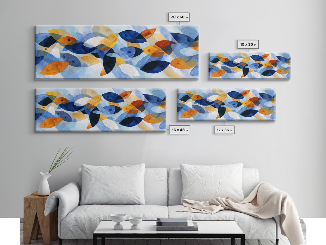 Abstract Fish Shapes Framed Canvas Print, Midcentury Modern Art, Digital Prints, Living Room Decor, Abstract Art, Retro, MMA-3x1-10