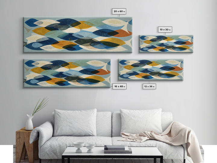 Abstract Fish Shapes Framed Canvas Print, Midcentury Modern Art, Digital Print, Living Room Decor, Retro, Minimalist Wall Art, MMA-3x1-82