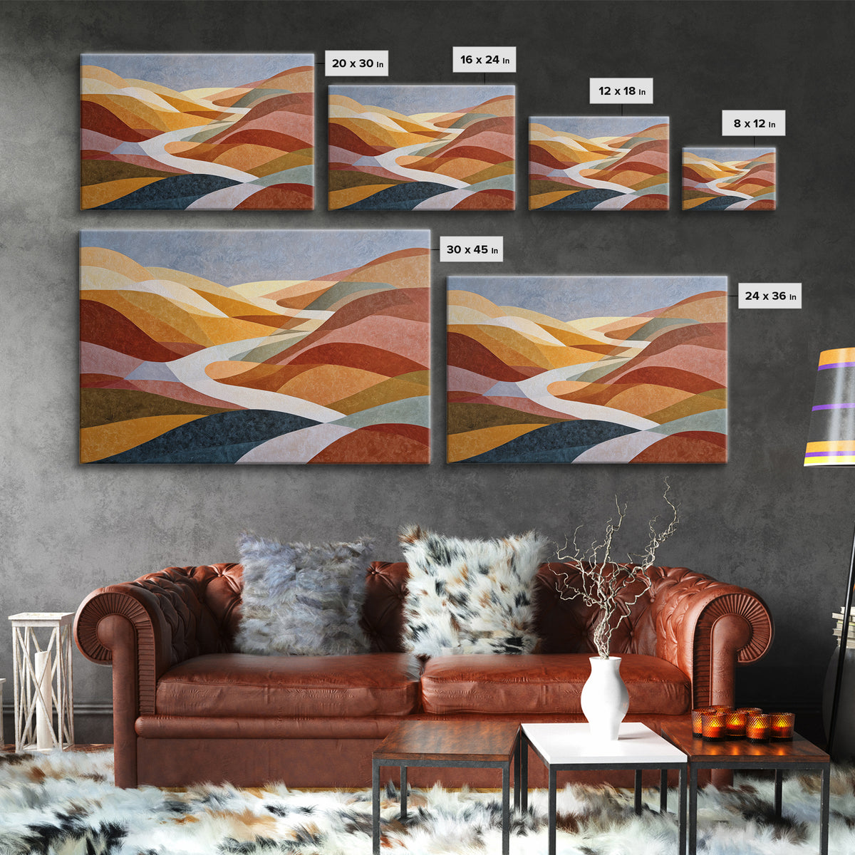 Large Sun and Hill Shapes Canvas Print, Midcentury Modern Art, Abstract Painting, Living Room Decor, Abstract Art, Retro, MMA-3x2-33