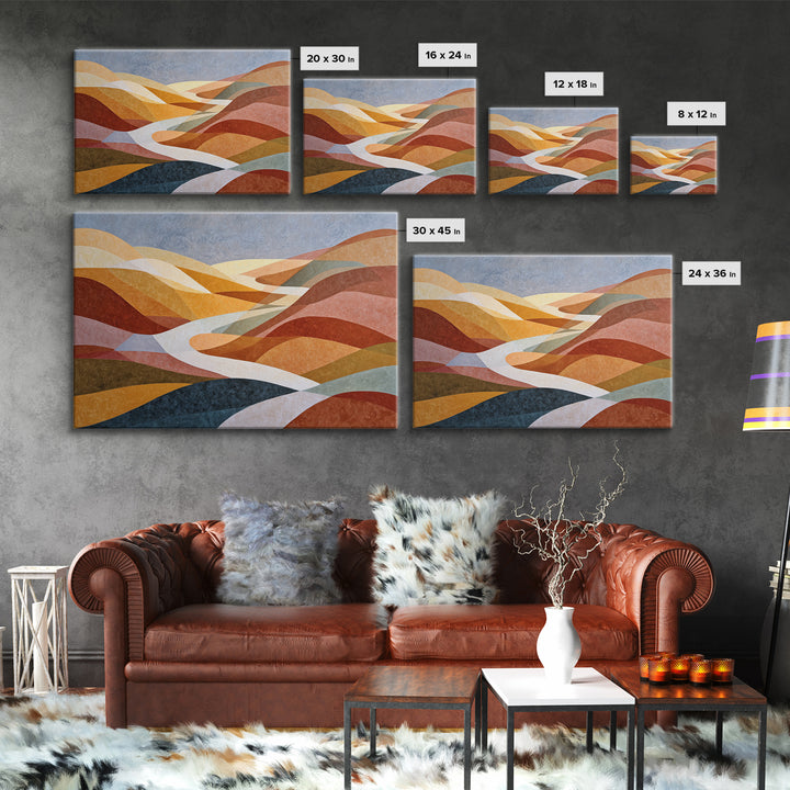 Large Sun and Hill Shapes Canvas Print, Midcentury Modern Art, Abstract Painting, Living Room Decor, Abstract Art, Retro, MMA-3x2-33