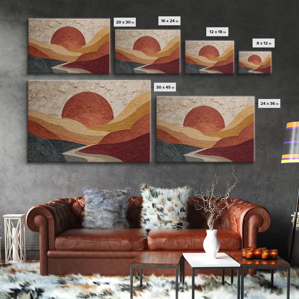 Large Sun and Hill Shapes Canvas Print, Midcentury Modern Art, Abstract Painting, Living Room Decor, Abstract Art, Retro, MMA-3x2-57