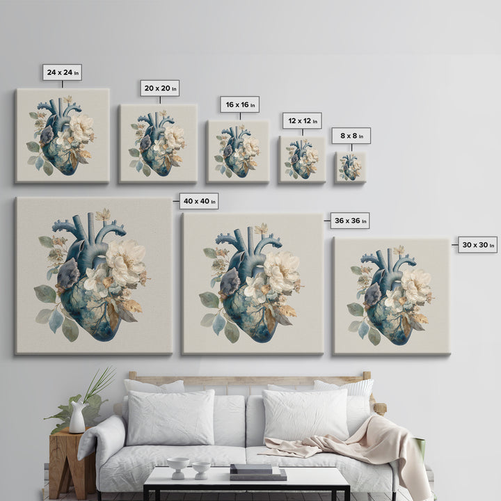 Anatomical Heart Rendered as Tasteful Botanical Art Canvas Print, Medical Office Art, Heart Anatomy Print, Office Decor, Calm, MOA-1x1-13