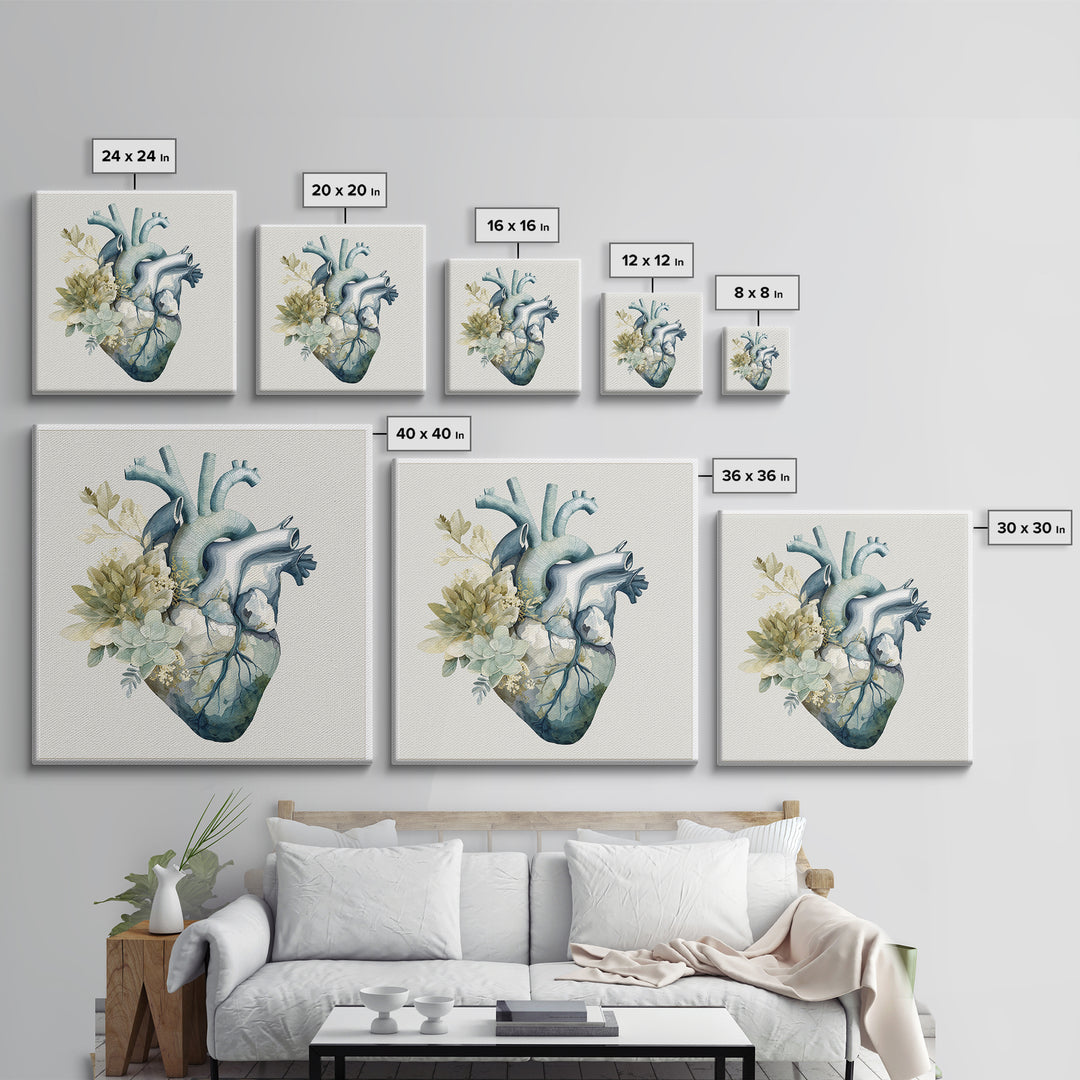 Anatomical Heart Rendered as Tasteful Botanical Art Canvas Print, Medical Office Art, Medical School, Office Decor, Calm, MOA-1x1-37