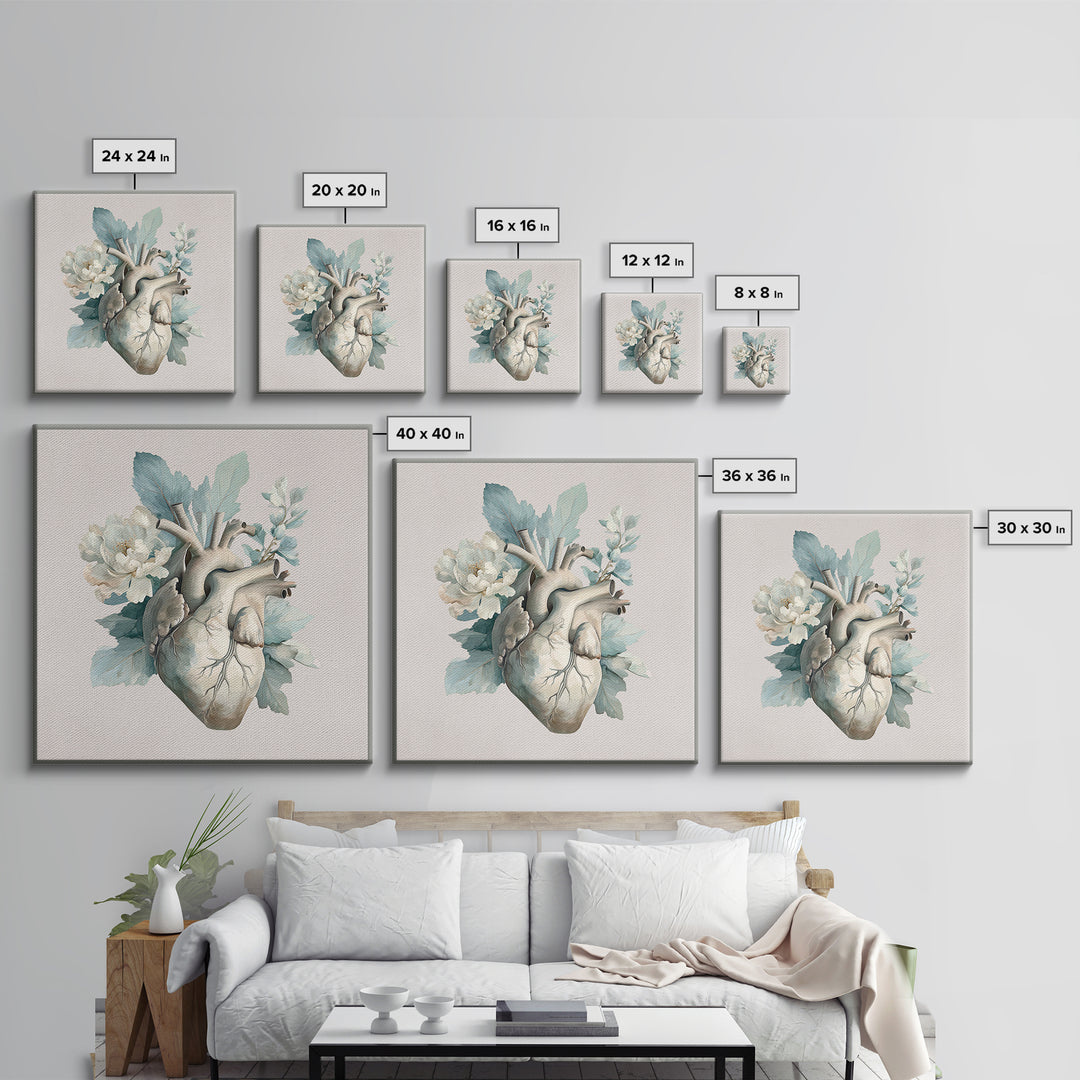 Anatomical Heart Rendered as Tasteful Botanical Art Canvas Print, Medical Office Art, Medical School, Office Decor, Calm, MOA-1x1-61