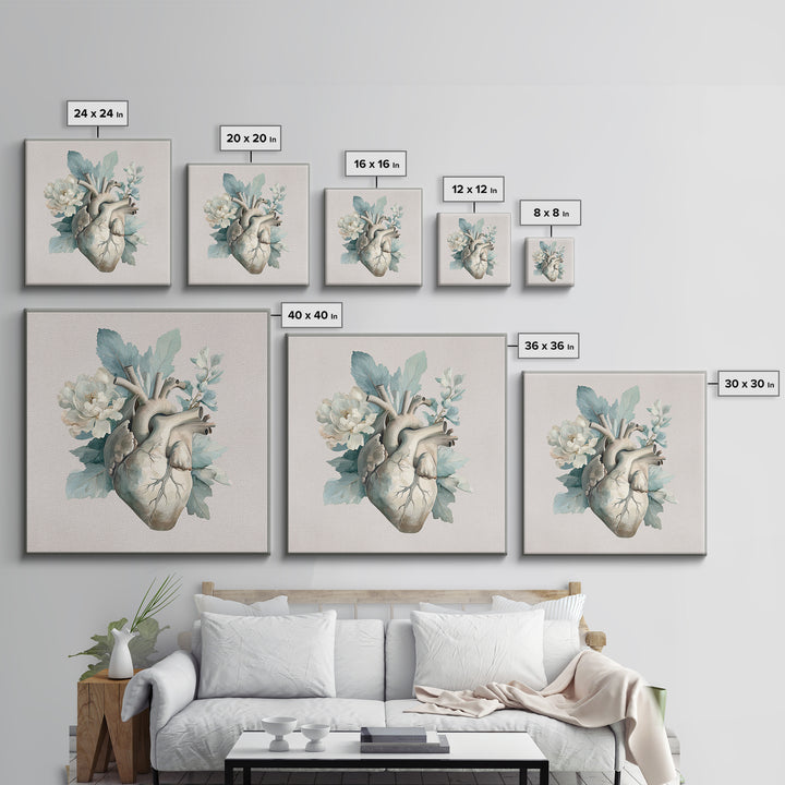 Anatomical Heart Rendered as Tasteful Botanical Art Canvas Print, Medical Office Art, Medical School, Office Decor, Calm, MOA-1x1-61