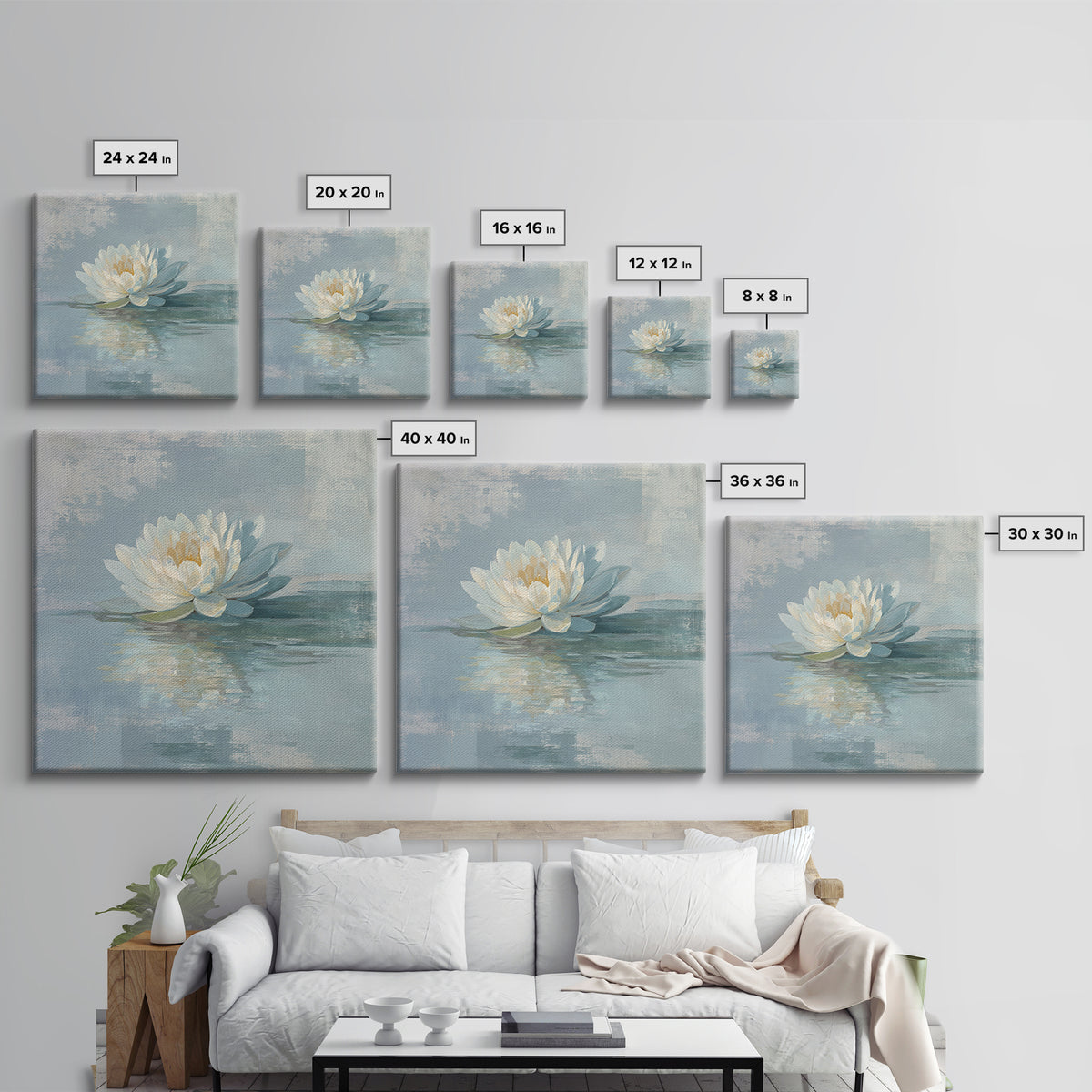 Lotus Flower Floating on Still Water Framed Canvas Print, Medical Office Art, Statement Artwork, Office Decor, Oil Painting, MOA-1x1-83