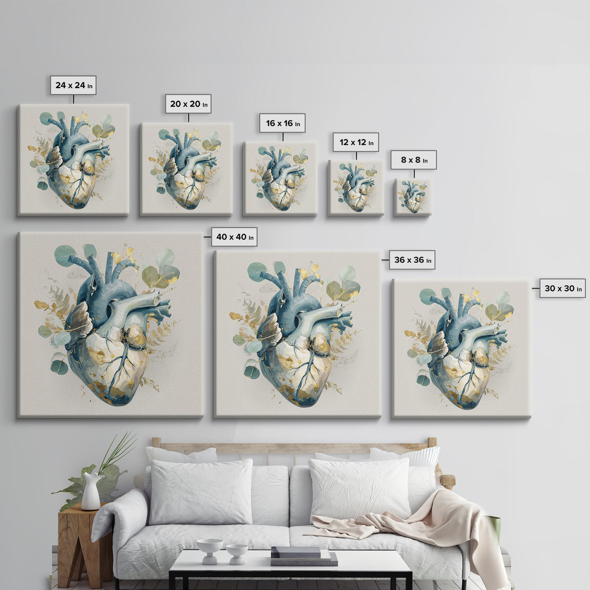 Anatomical Heart Rendered as Tasteful Botanical Art Canvas Print, Medical Office Art, Boho Decor, Office Decor, Oil Painting, MOA-1x1-85