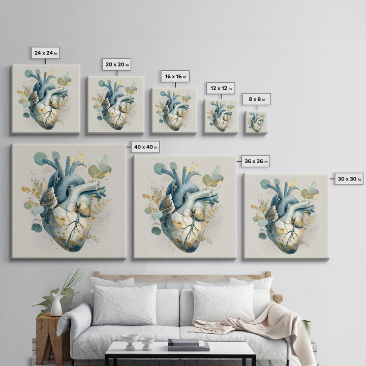 Anatomical Heart Rendered as Tasteful Botanical Art Canvas Print, Medical Office Art, Boho Decor, Office Decor, Oil Painting, MOA-1x1-85