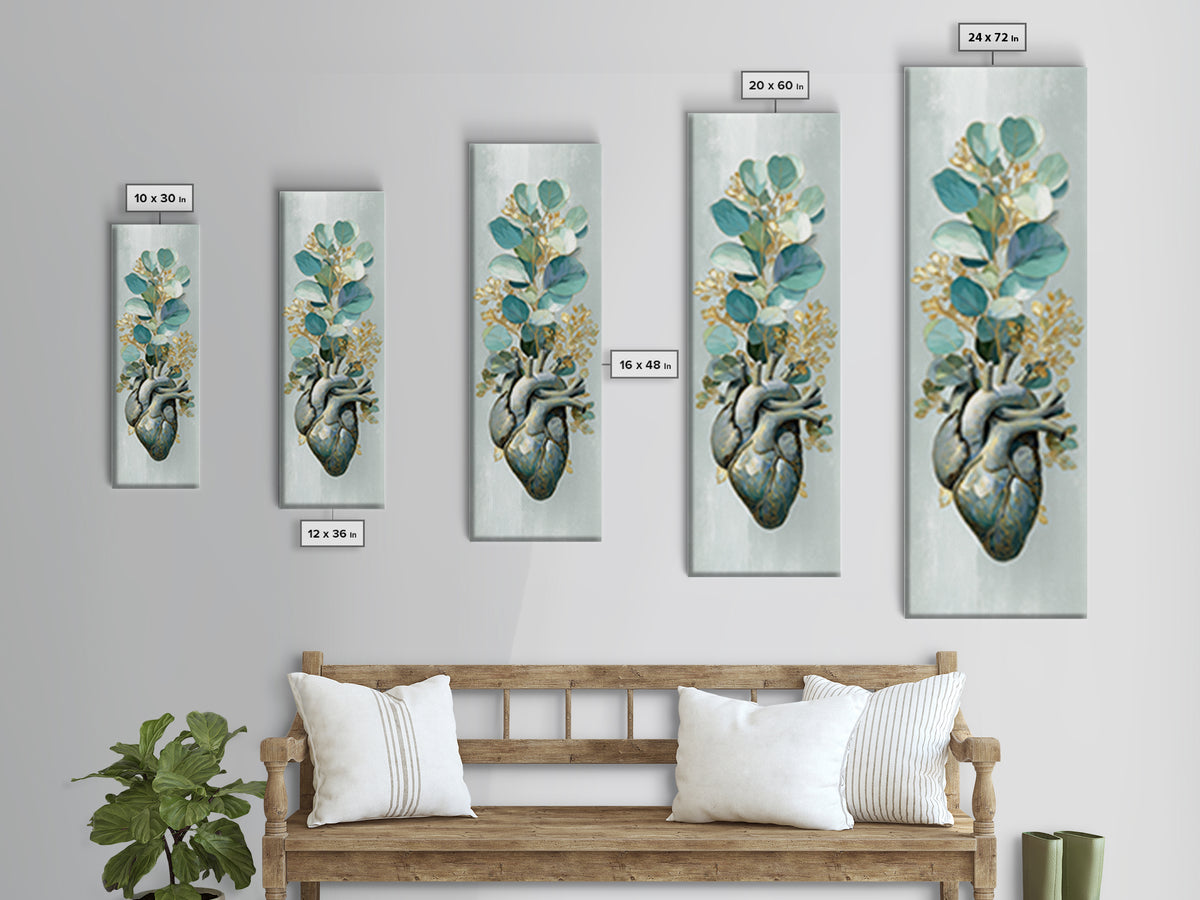 Anatomical Heart Rendered as Tasteful Botanical Art Canvas Print, Medical Office Art, Office Decor, Oil Painting, Calm, MOA-1x3-73
