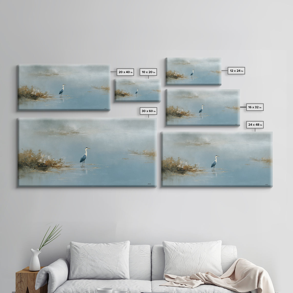 Blue Heron Standing Framed Canvas Print, Medical Office Art, Art Print, Office Decor, Calm, Printable Art, Minimalist Art, MOA-2x1-10