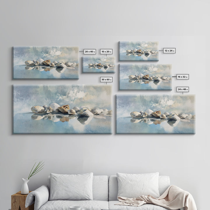 Coastal Shells and Water Study Framed Canvas Print, Medical Office Art, Home Decor, Office Decor, Fine Art, Calm, Medical Art, MOA-2x1-40