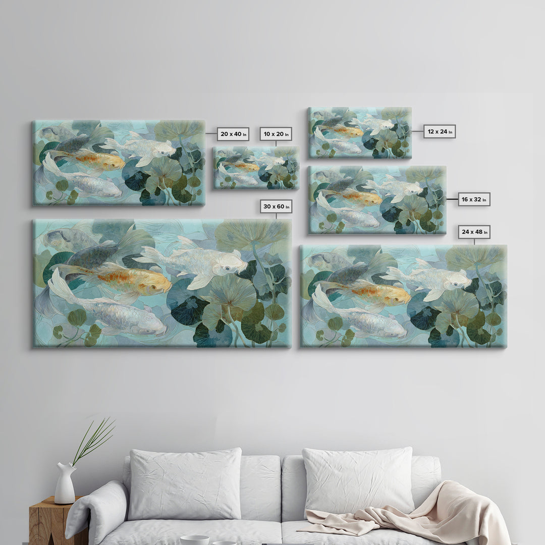 Calm Koi Fish Swimming Through Clear Water Framed Canvas Print, Medical Office Art, Statement Artwork, Office Decor, Calm, MOA-2x1-42