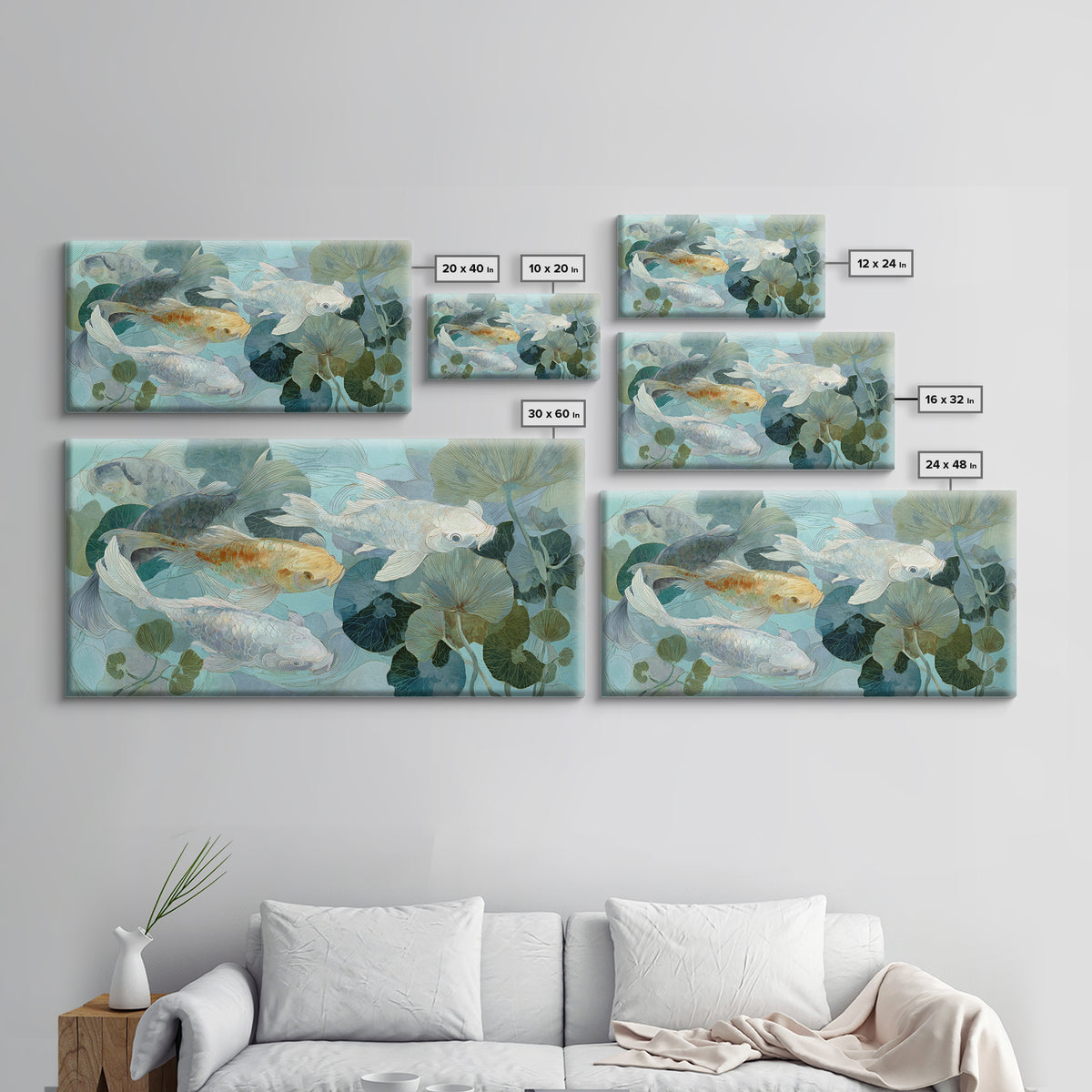Calm Koi Fish Swimming Through Clear Water Framed Canvas Print, Medical Office Art, Statement Artwork, Office Decor, Calm, MOA-2x1-42
