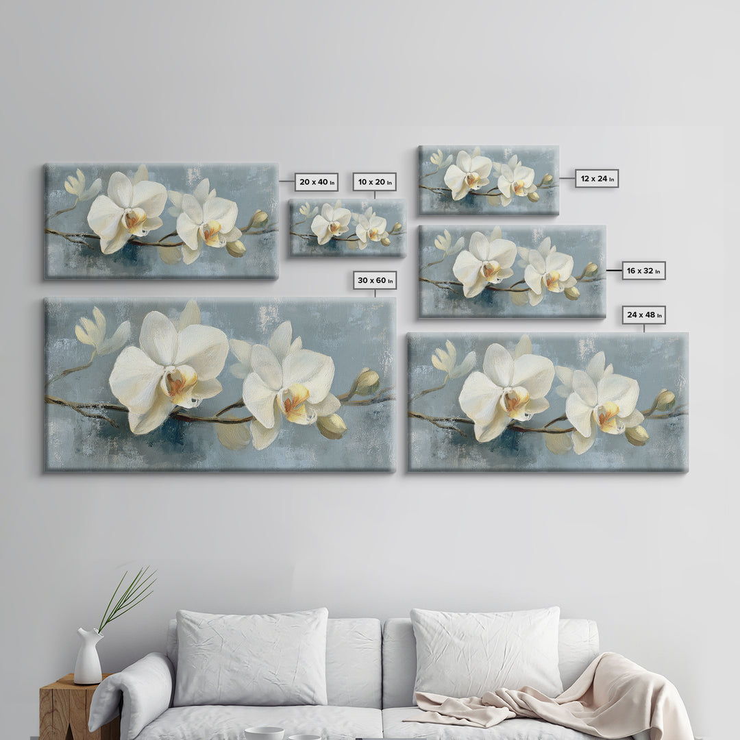 White Orchid on Gray Stone Surface Framed Canvas Print, Medical Office Art, Minimalist Decor, Office Decor, Fine Art, Calm, MOA-2x1-50