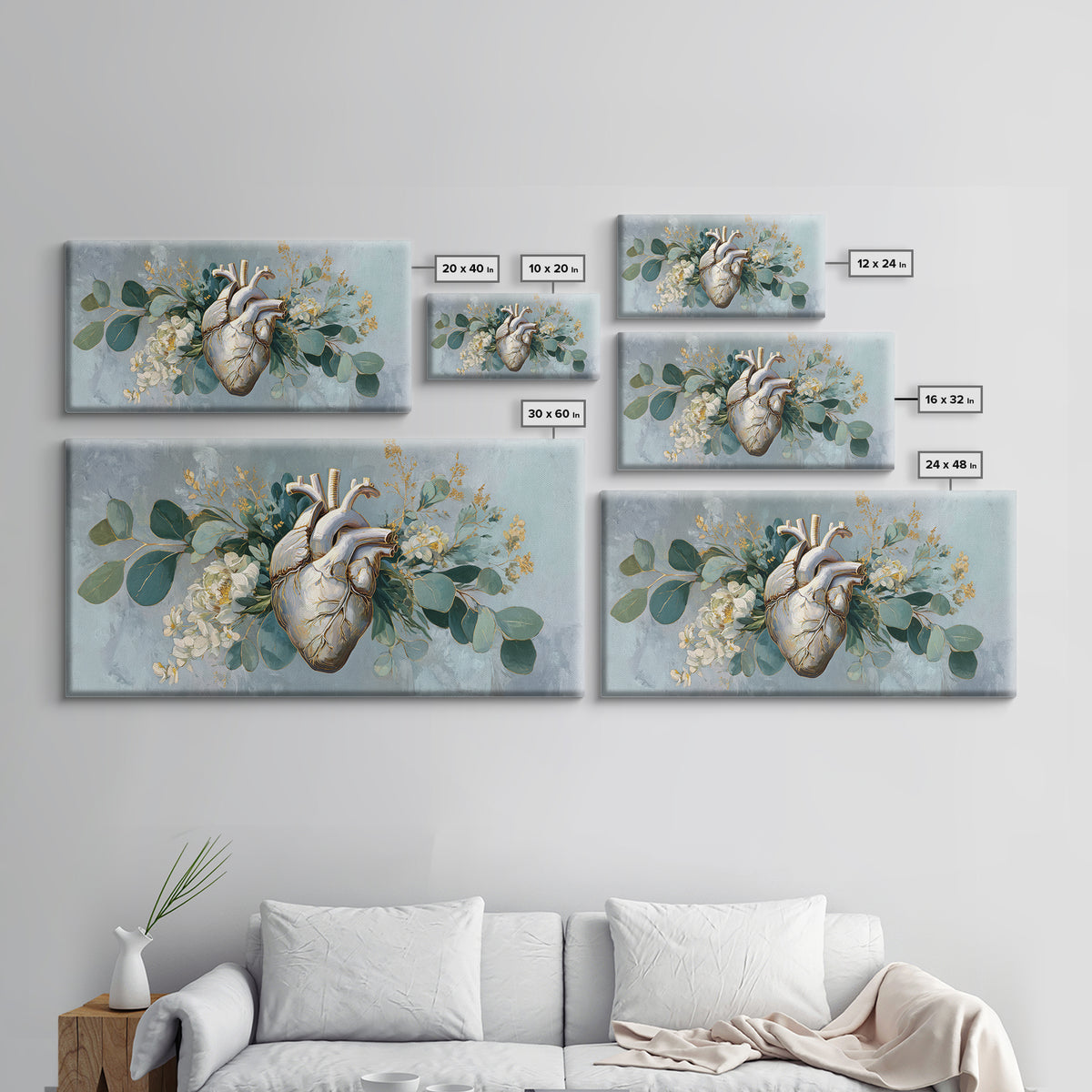 Anatomical Heart Rendered as Tasteful Botanical Art Canvas Print, Medical Office Art, Digital Art, Office Decor, Watercolor Art, MOA-2x1-57