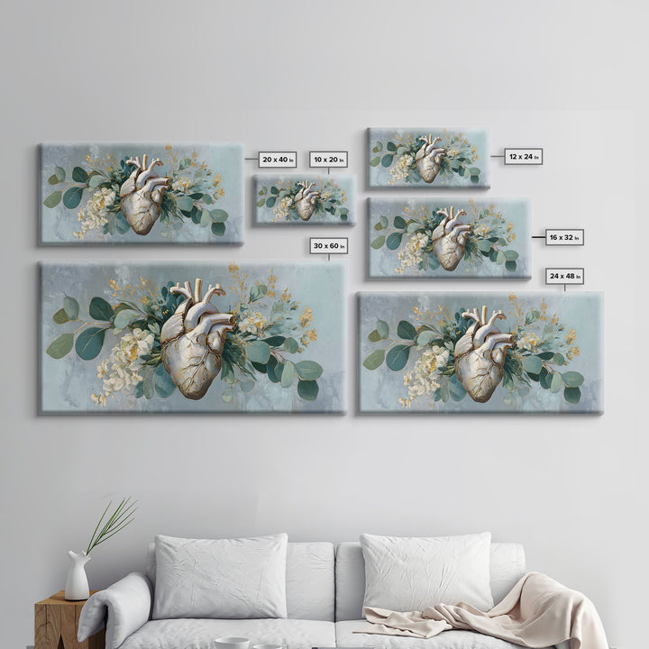 Anatomical Heart Rendered as Tasteful Botanical Art Canvas Print, Medical Office Art, Digital Art, Office Decor, Watercolor Art, MOA-2x1-57