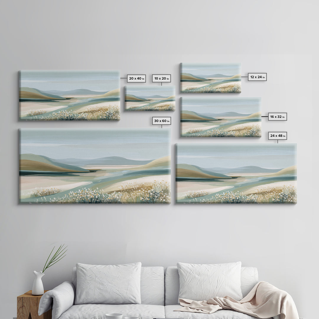 Sunlit Meadow with Wildflowers and Calm Mood Framed Canvas Print, Medical Office Art, Luxury Decor, Office Decor, MOA-2x1-8