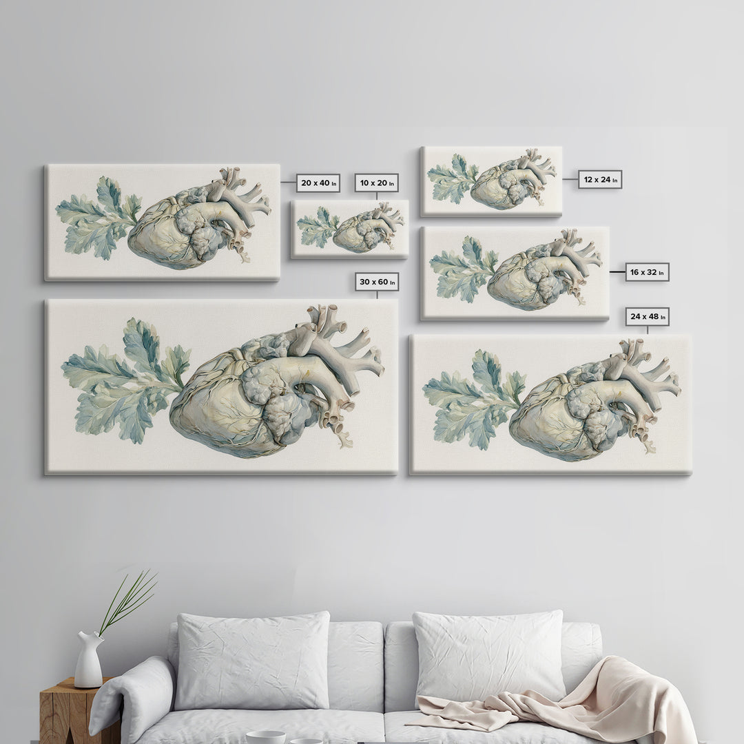 Anatomical Heart Rendered as Tasteful Botanical Art Canvas Print, Medical Office Art, Minimalist Art, Office Decor, Calm, MOA-2x1-81