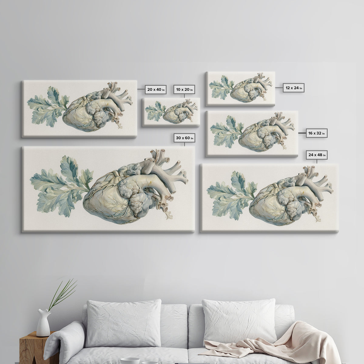 Anatomical Heart Rendered as Tasteful Botanical Art Canvas Print, Medical Office Art, Minimalist Art, Office Decor, Calm, MOA-2x1-81