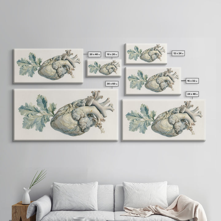 Anatomical Heart Rendered as Tasteful Botanical Art Canvas Print, Medical Office Art, Minimalist Art, Office Decor, Calm, MOA-2x1-81