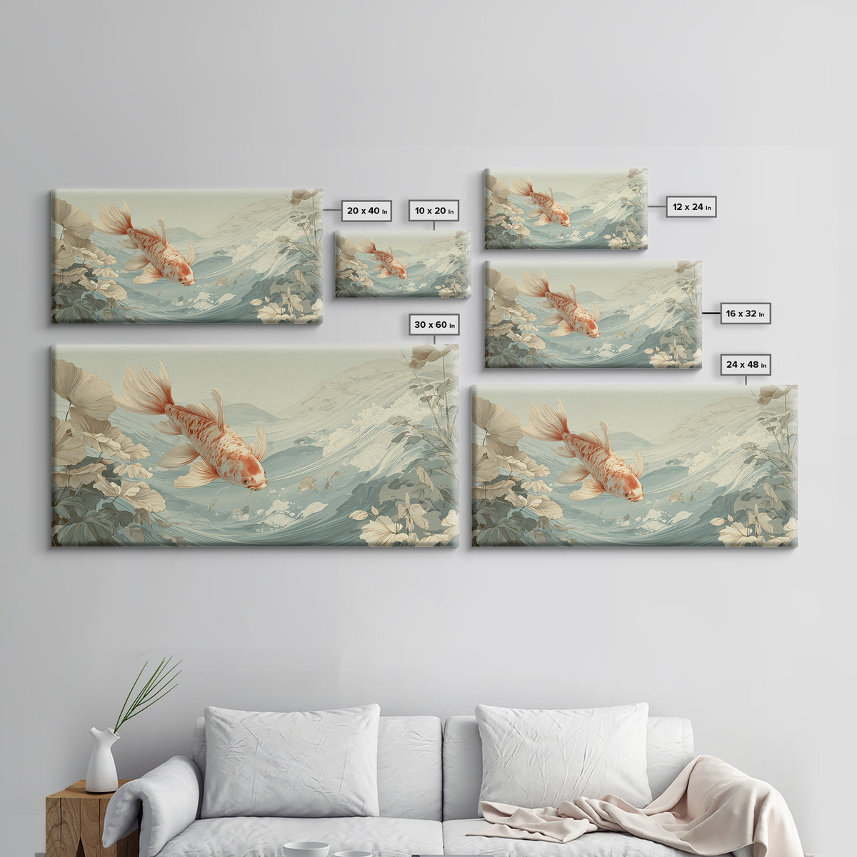 Calm Koi Fish Swimming Through Clear Water Framed Canvas Print, Medical Office Art, Office Decor, Oil Painting, Calm, MOA-2x1-90