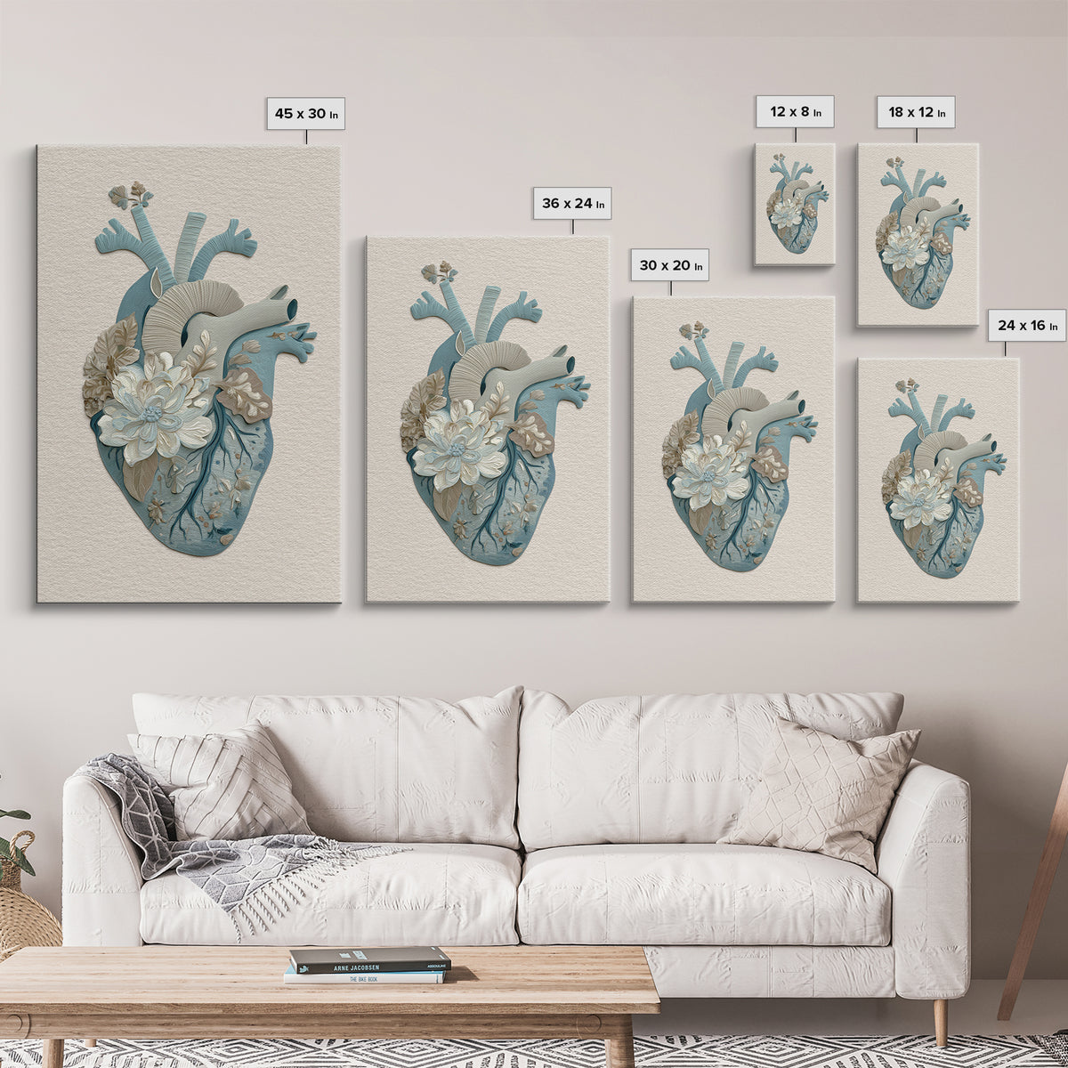 Anatomical Heart Rendered as Tasteful Botanical Art Canvas Print, Medical Office Art, Contemporary Art, Office Decor, Calm, MOA-2x3-21
