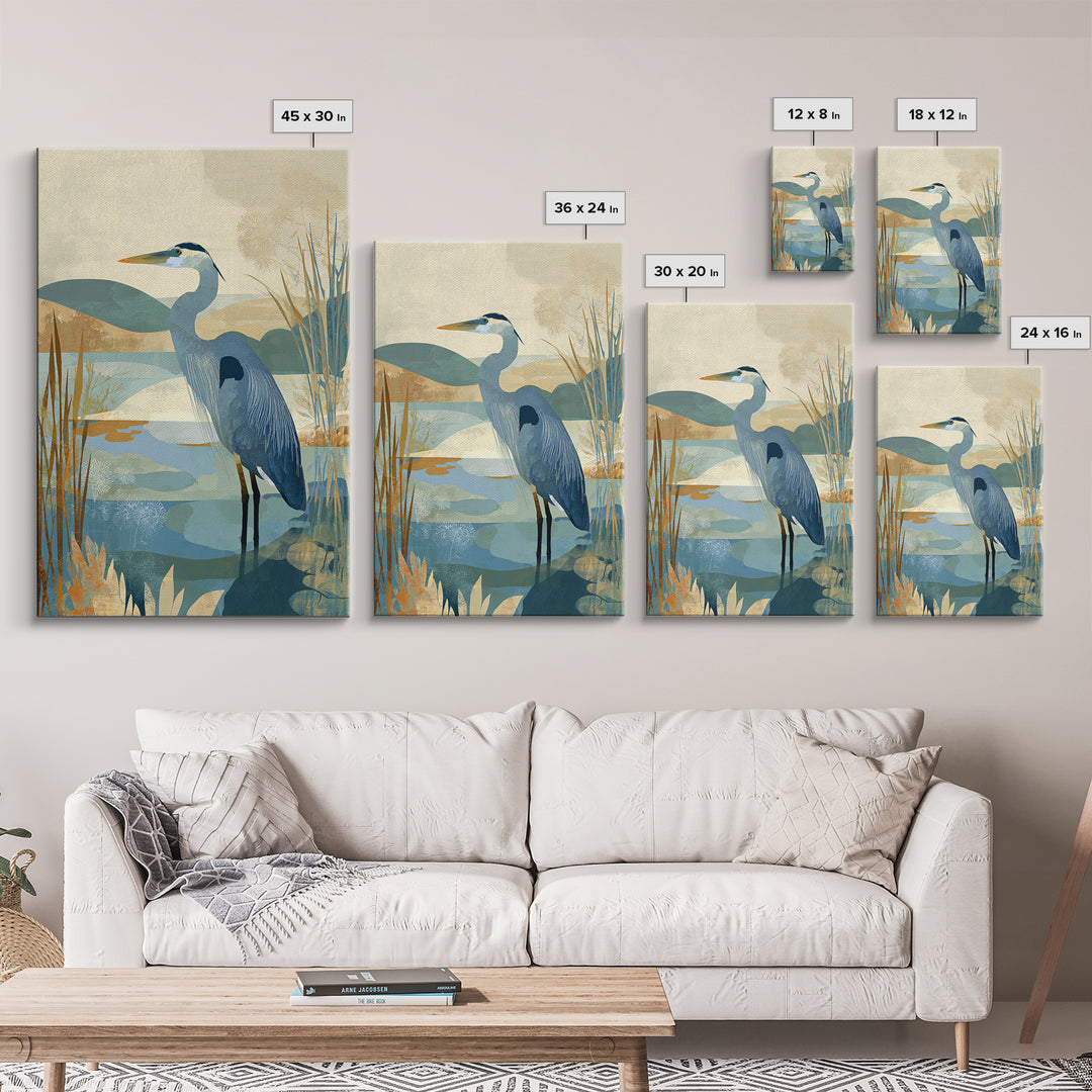 Blue Heron Standing Framed Canvas Print, Medical Office Art, Textured Painting, Office Decor, Fine Art, Calm, Minimalist Art, MOA-2x3-22