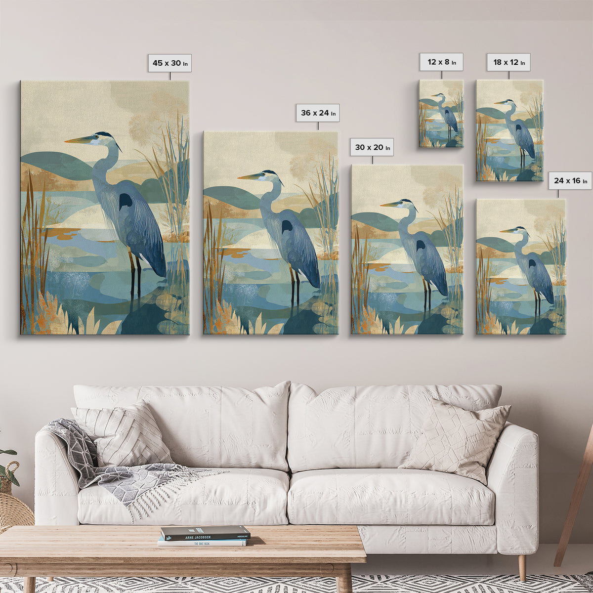 Blue Heron Standing Framed Canvas Print, Medical Office Art, Textured Painting, Office Decor, Fine Art, Calm, Minimalist Art, MOA-2x3-22