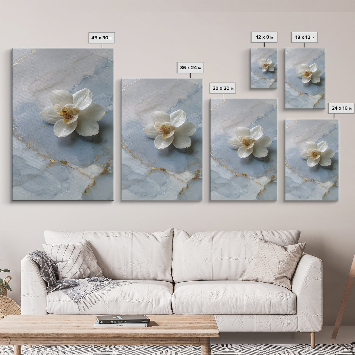 White Orchid on Gray Stone Surface Framed Canvas Print, Medical Office Art, Wall Art, Office Decor, Calm, Printable Card, MOA-2x3-38