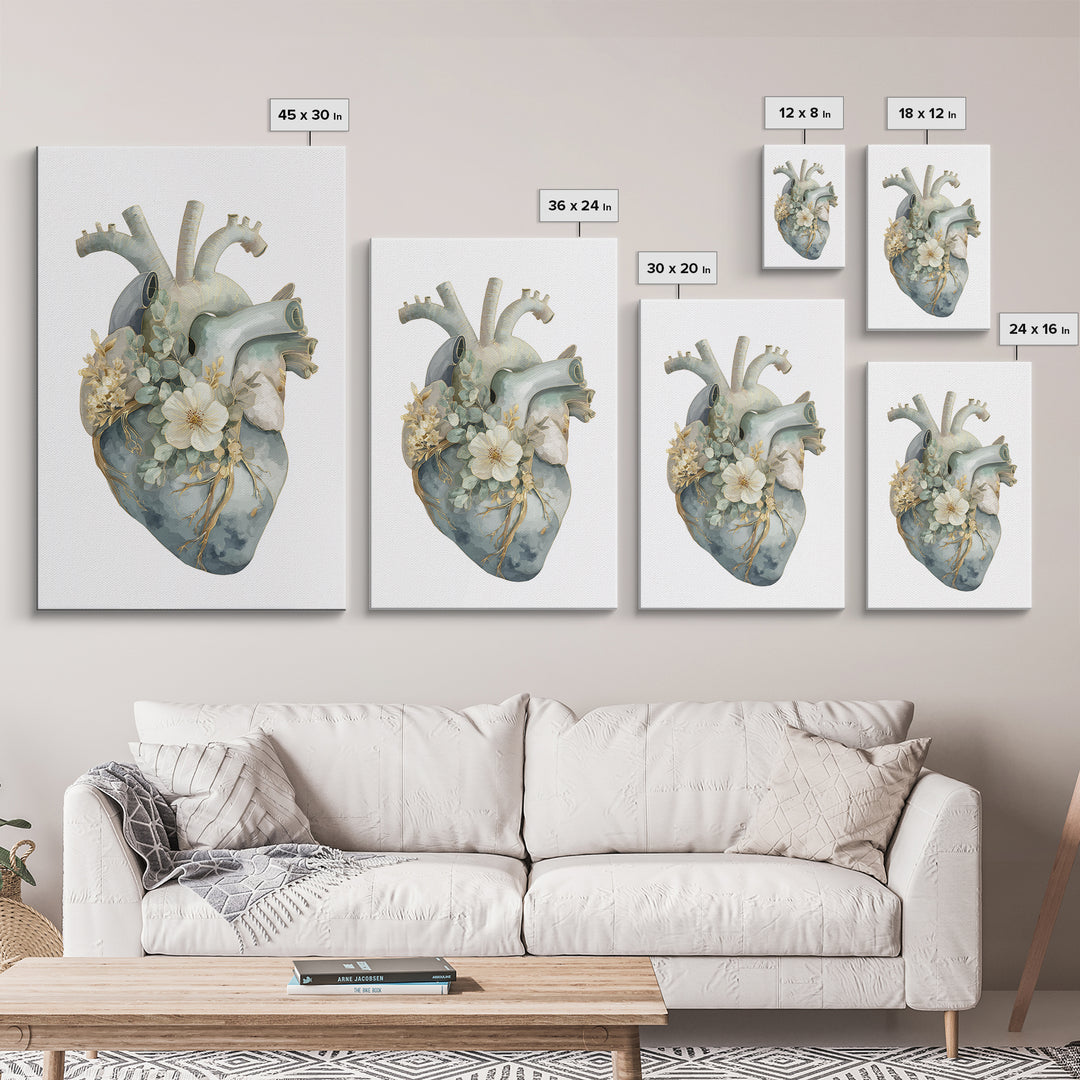 Anatomical Heart Rendered as Tasteful Botanical Art Canvas Print, Medical Office Art, Office Decor, Oil Painting, Calm, MOA-2x3-45