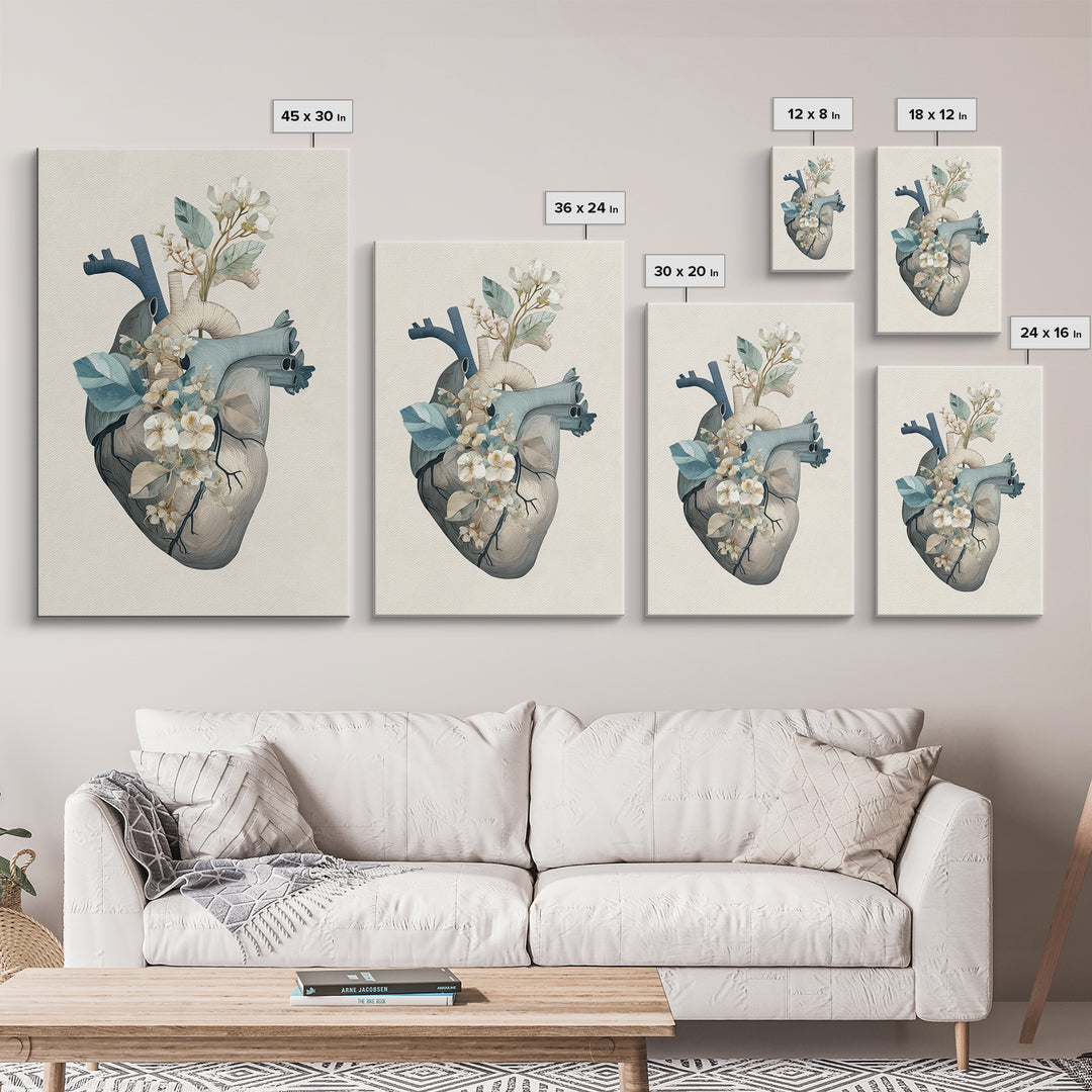 Anatomical Heart Rendered as Tasteful Botanical Art Canvas Print, Medical Office Art, Dental Office Decor, Office Decor, Calm, MOA-2x3-69