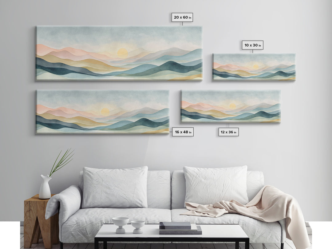 Minimal Sunrise over Rounded Hills Framed Canvas Print, Medical Office Art, Science Art, Office Decor, Fine Art, Calm, MOA-3x1-15