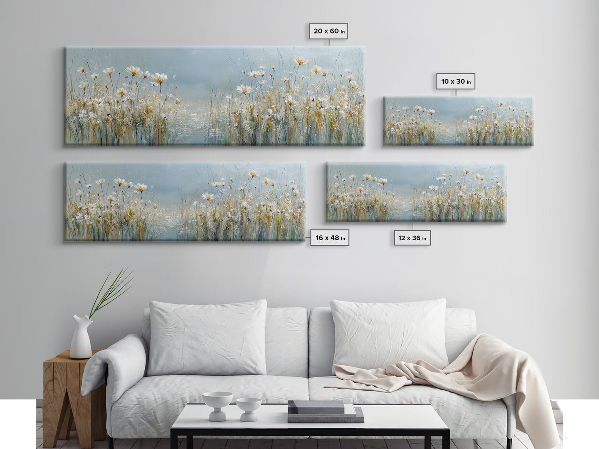 Sunlit Meadow with Wildflowers and Calm Mood Framed Canvas Print, Medical Office Art, Science Art, Office Decor, Watercolor Art, MOA-3x1-28
