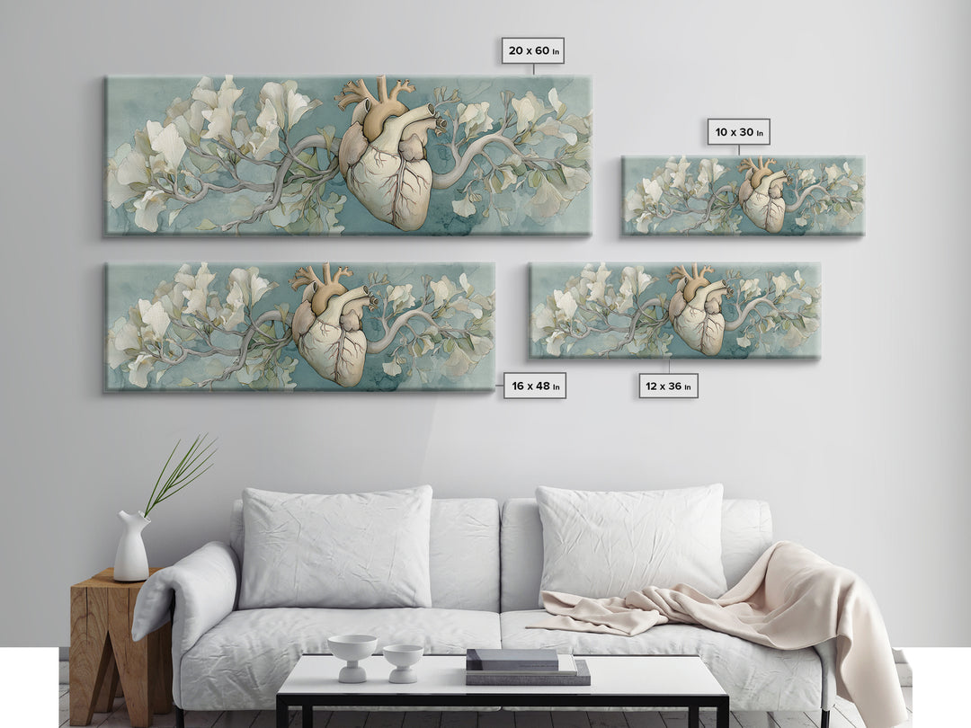 Anatomical Heart Rendered as Tasteful Botanical Art Canvas Print, Medical Office Art, Minimalist Art, Office Decor, Calm, MOA-3x1-5