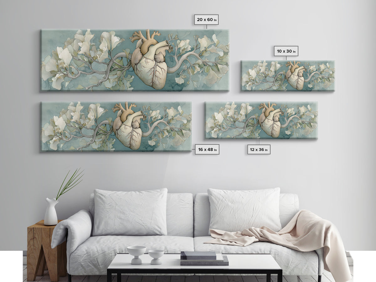 Anatomical Heart Rendered as Tasteful Botanical Art Canvas Print, Medical Office Art, Minimalist Art, Office Decor, Calm, MOA-3x1-5