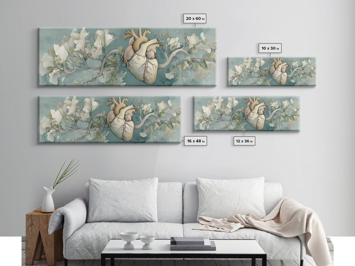 Anatomical Heart Rendered as Tasteful Botanical Art Canvas Print, Medical Office Art, Minimalist Art, Office Decor, Calm, MOA-3x1-5