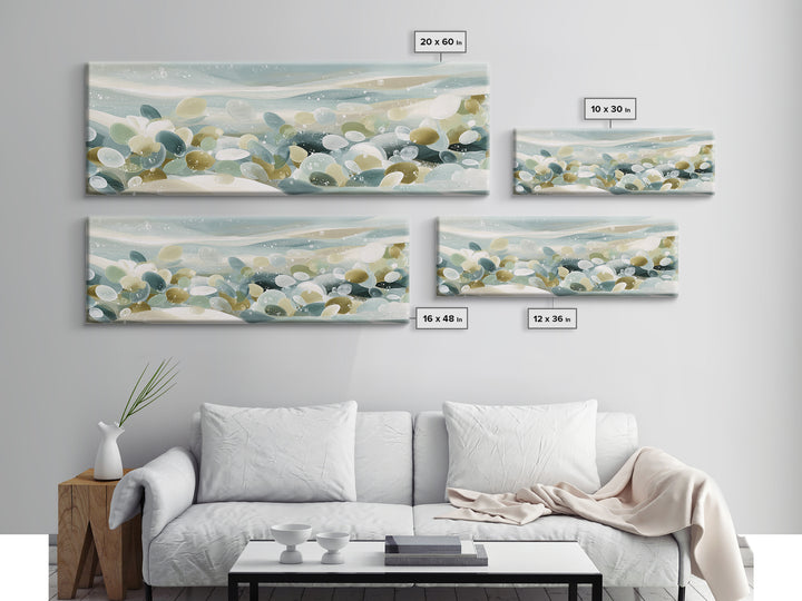 Coastal Shells and Water Study Framed Canvas Print, Medical Office Art, Boho Decor, Office Decor, Fine Art, Calm, MOA-3x1-60