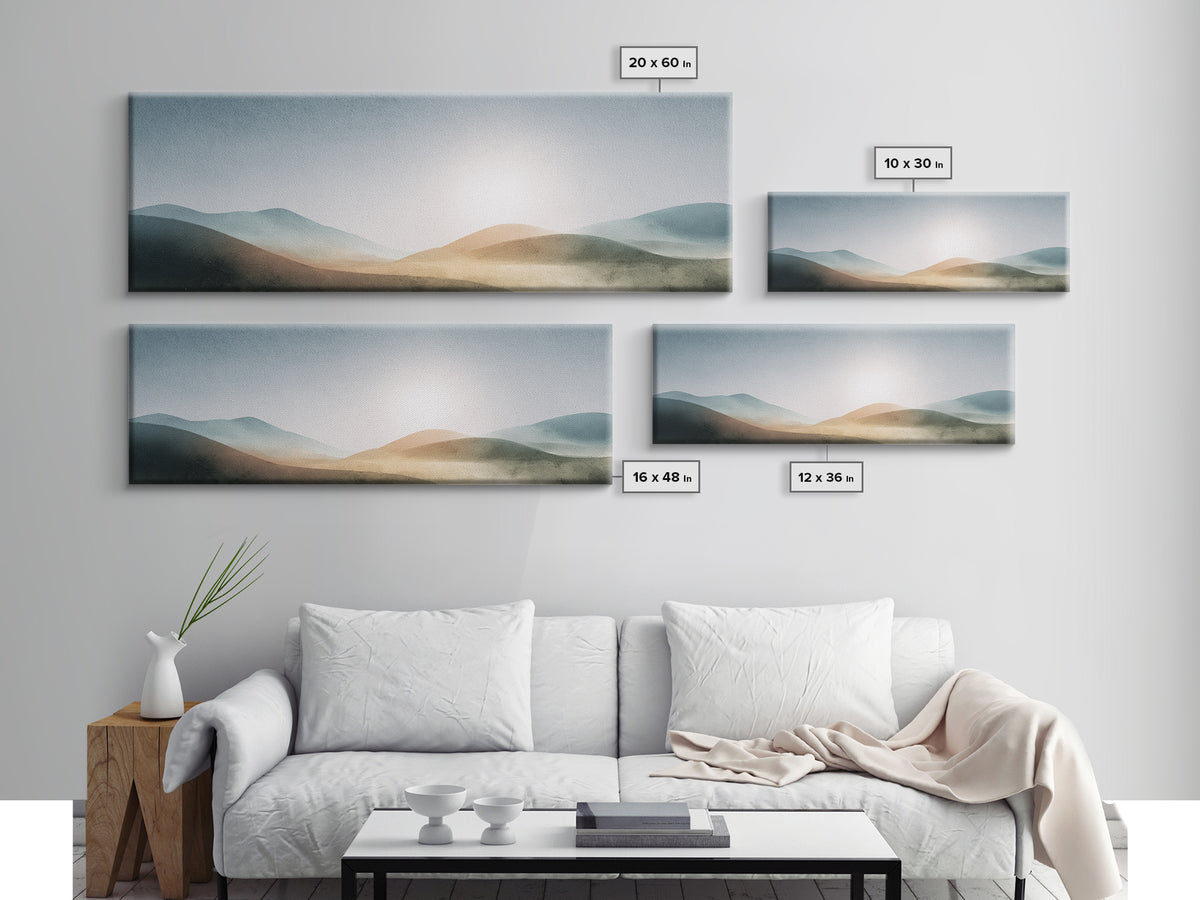 Minimal Sunrise over Rounded Hills Framed Canvas Print, Medical Office Art, Room Decor, Office Decor, Fine Art, Calm, MOA-3x1-63