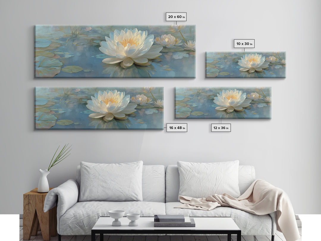 Lotus Flower Floating on Still Water Canvas Print, Medical Office Art, Teal Wall Art, Office Decor, Watercolor Art, Calm, MOA-3x1-75