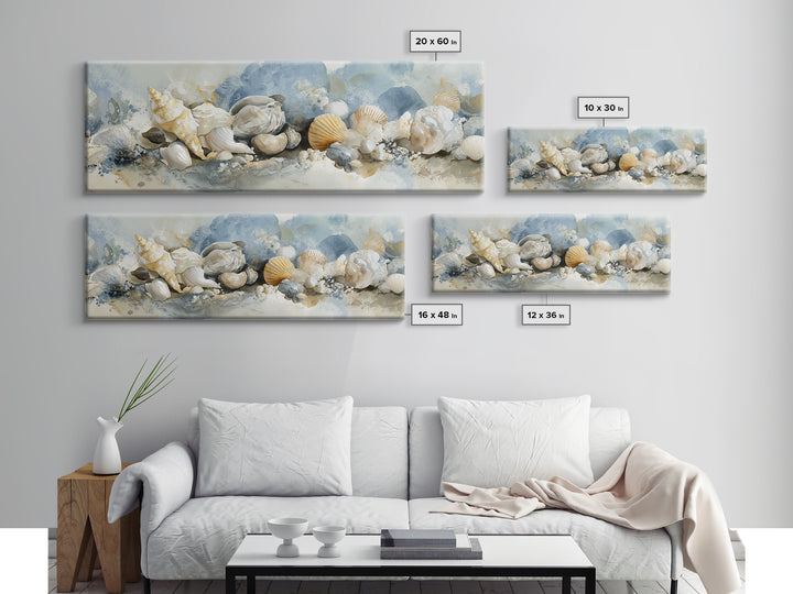 Coastal Shells and Water Study Framed Canvas Print, Medical Office Art, Digital Art, Office Decor, Calm, Medical Decor, MOA-3x1-84