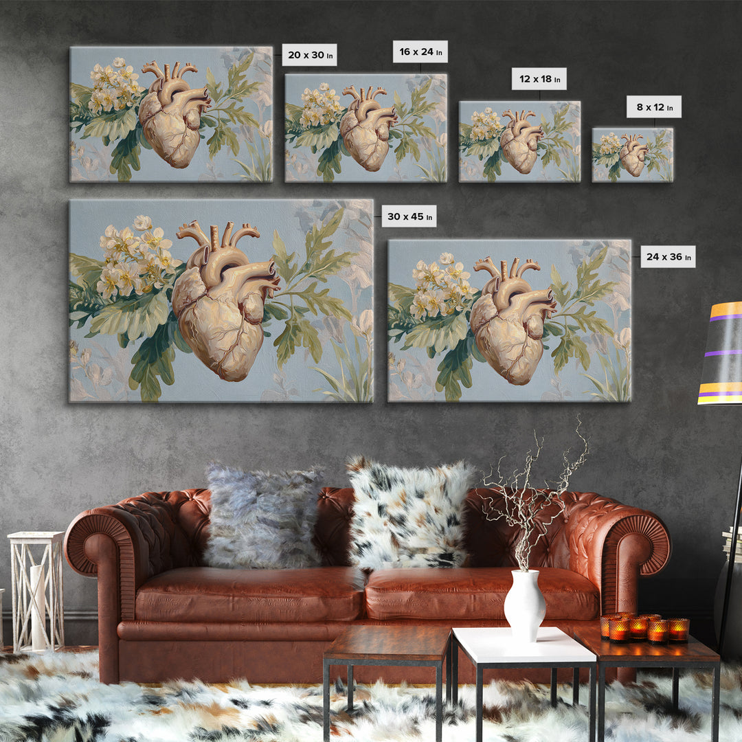 Anatomical Heart Rendered as Tasteful Botanical Art Framed Canvas Print, Medical Office Art, Anatomy Art, Office Decor, Calm, MOA-3x2-41