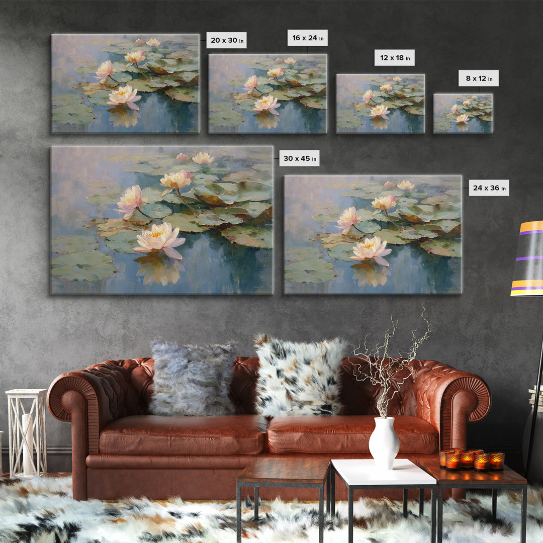 Lotus Flower Floating on Still Water Framed Canvas Print, Medical Office Art, Dental Office Decor, Office Decor, Oil Painting, MOA-3x2-63