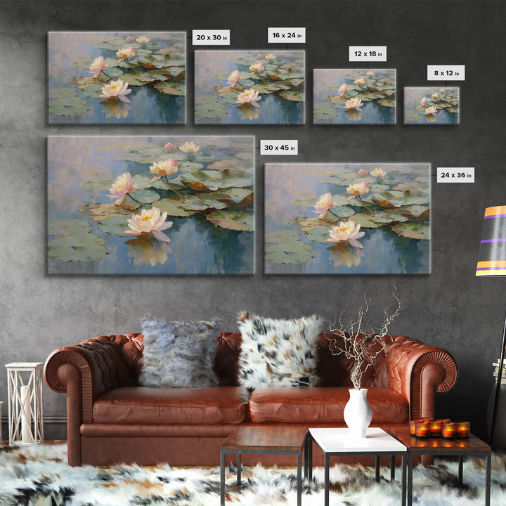 Lotus Flower Floating on Still Water Framed Canvas Print, Medical Office Art, Dental Office Decor, Office Decor, Oil Painting, MOA-3x2-63