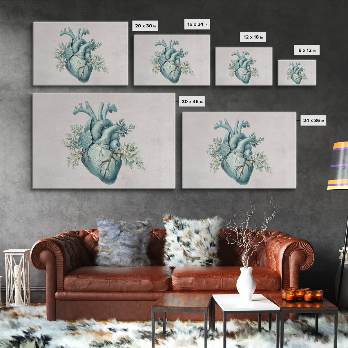 Anatomical Heart Rendered as Tasteful Botanical Art Framed Canvas Print, Medical Office Art, Anatomy Art, Office Decor, Calm, MOA-3x2-65