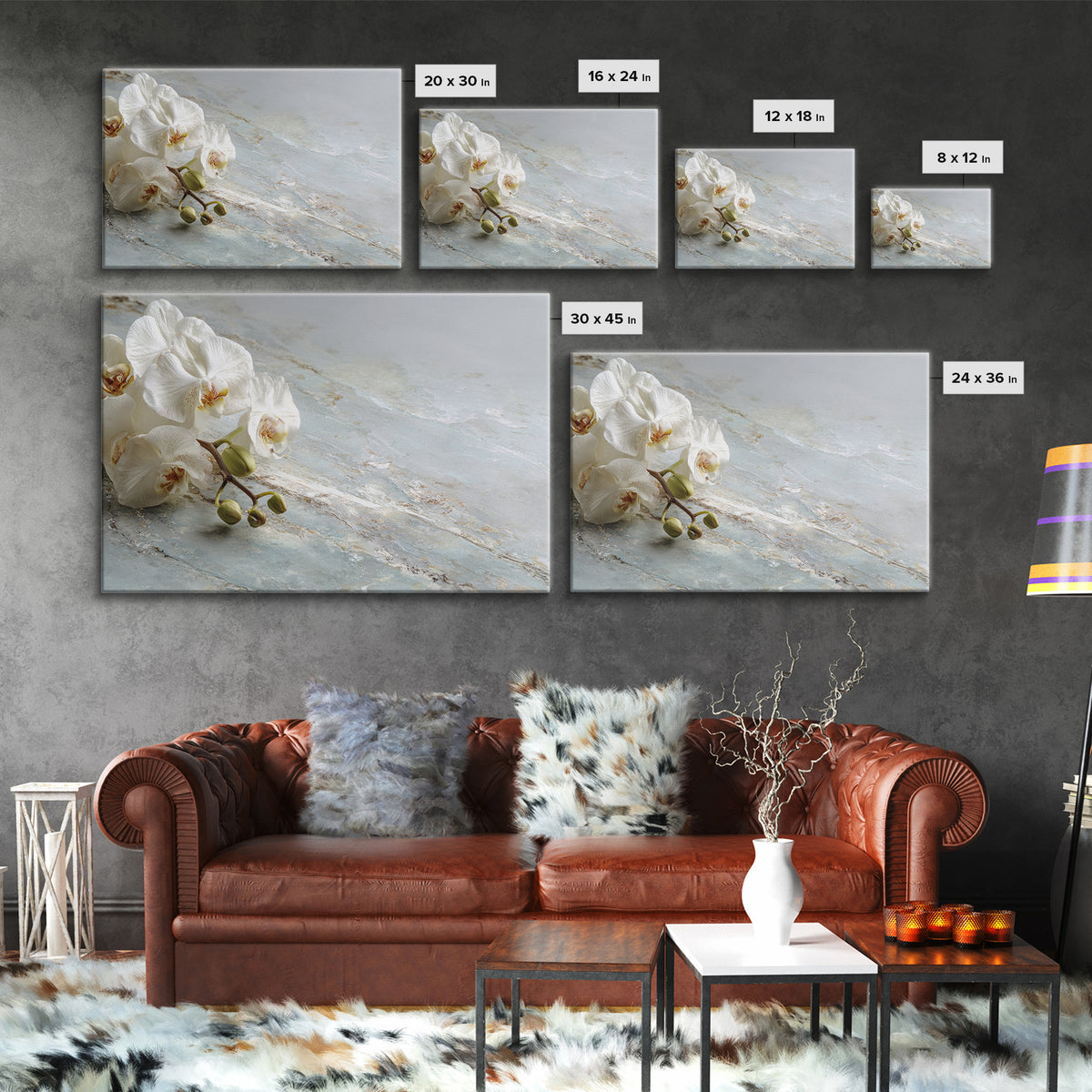 White Orchid on Gray Stone Surface Framed Canvas Print, Medical Office Art, Brain Art, Office Decor, Oil Painting, Calm, MOA-3x2-82