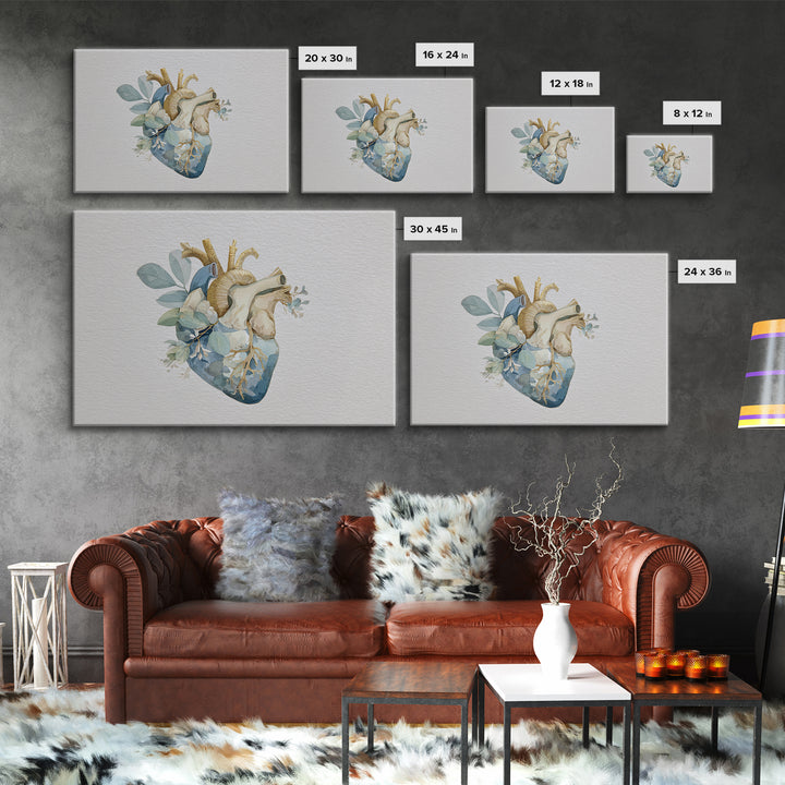 Anatomical Heart Rendered as Tasteful Botanical Art Canvas Print, Medical Office Art, Science Art, Office Decor, Fine Art, Calm, MOA-3x2-89