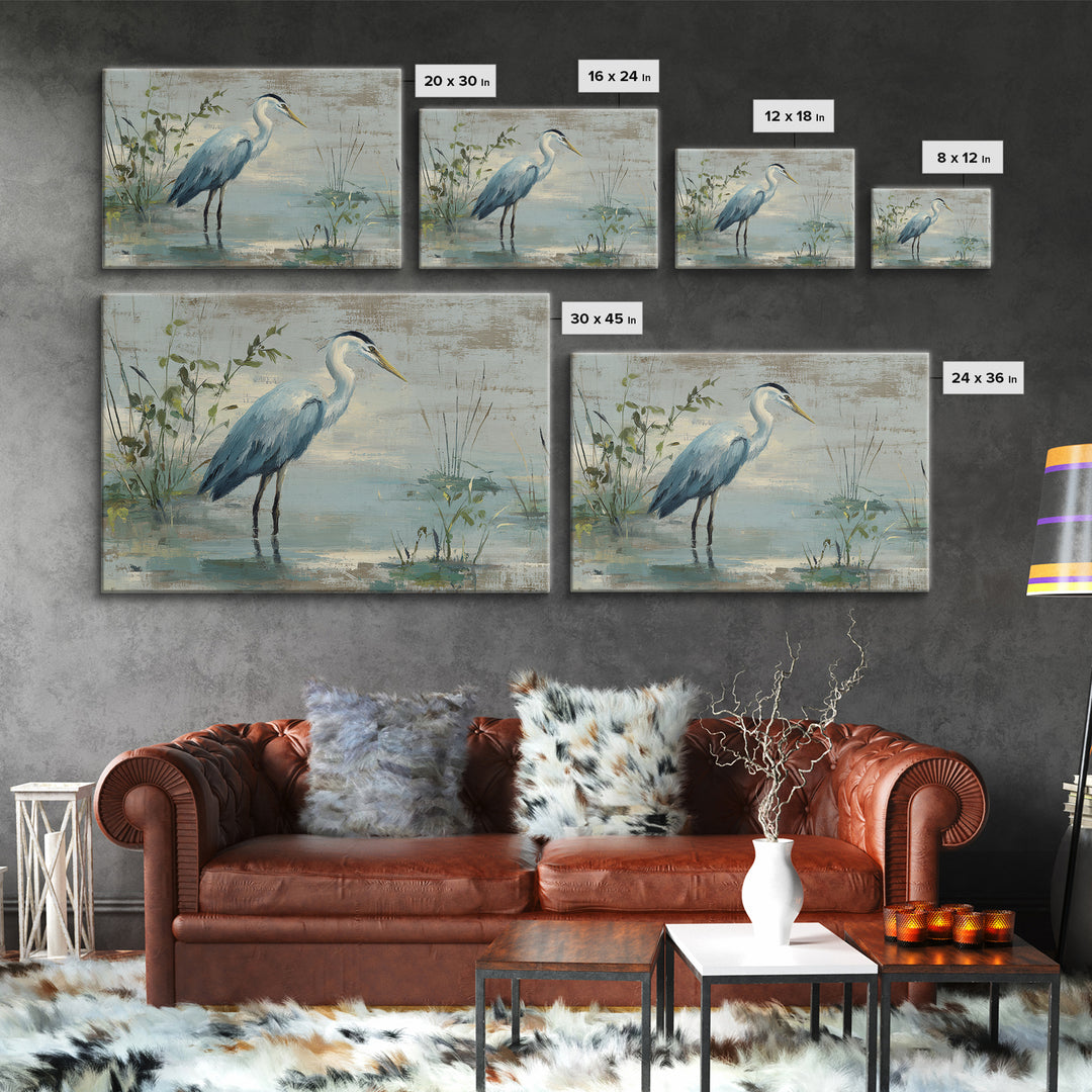 Blue Heron Standing Framed Canvas Print, Medical Office Art, Medical Wall Art, Office Decor, Fine Art, Calm, Neutral Decor, MOA-3x2-90